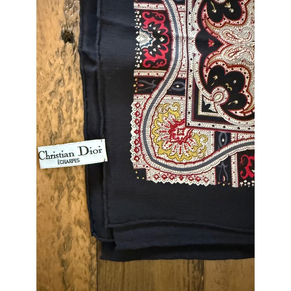 Vintage Christian Dior Scarf Womens One Size Black Silk Paisley Square Logo - Picture 2 of 9
